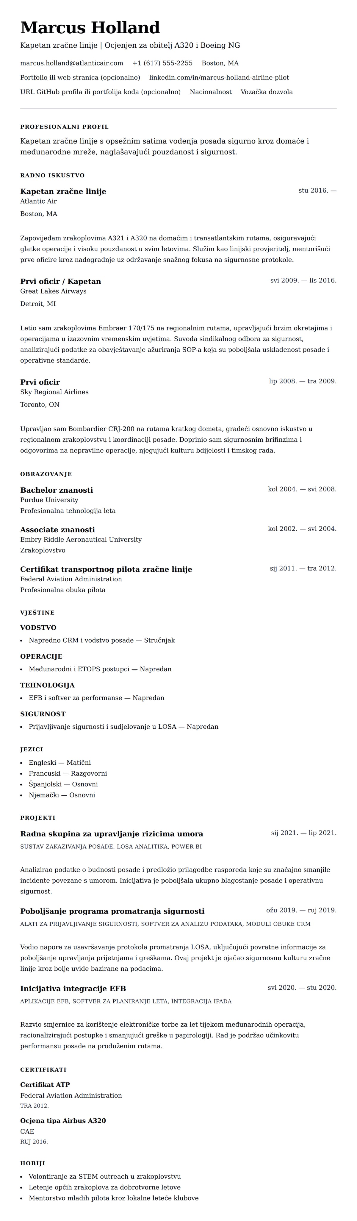 Pregled životopisa za Primjer životopisa pilota zračne linije