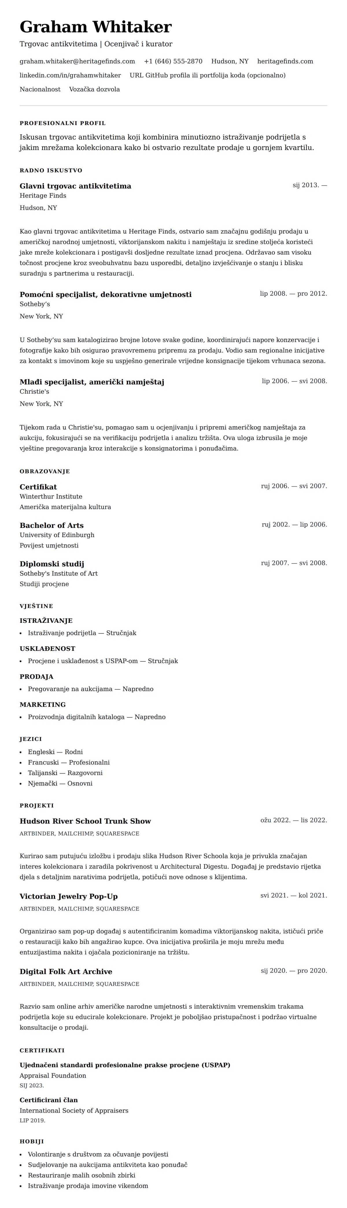 Pregled životopisa za Primjer životopisa trgovca antikvitetima