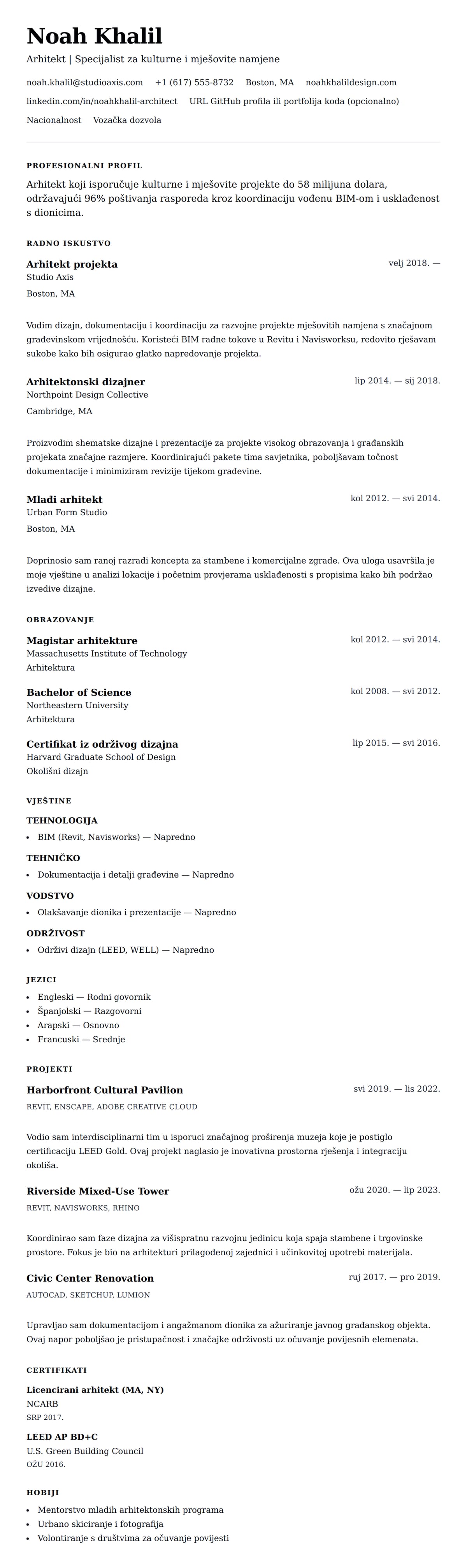 Pregled životopisa za Primjer životopisa arhitekta