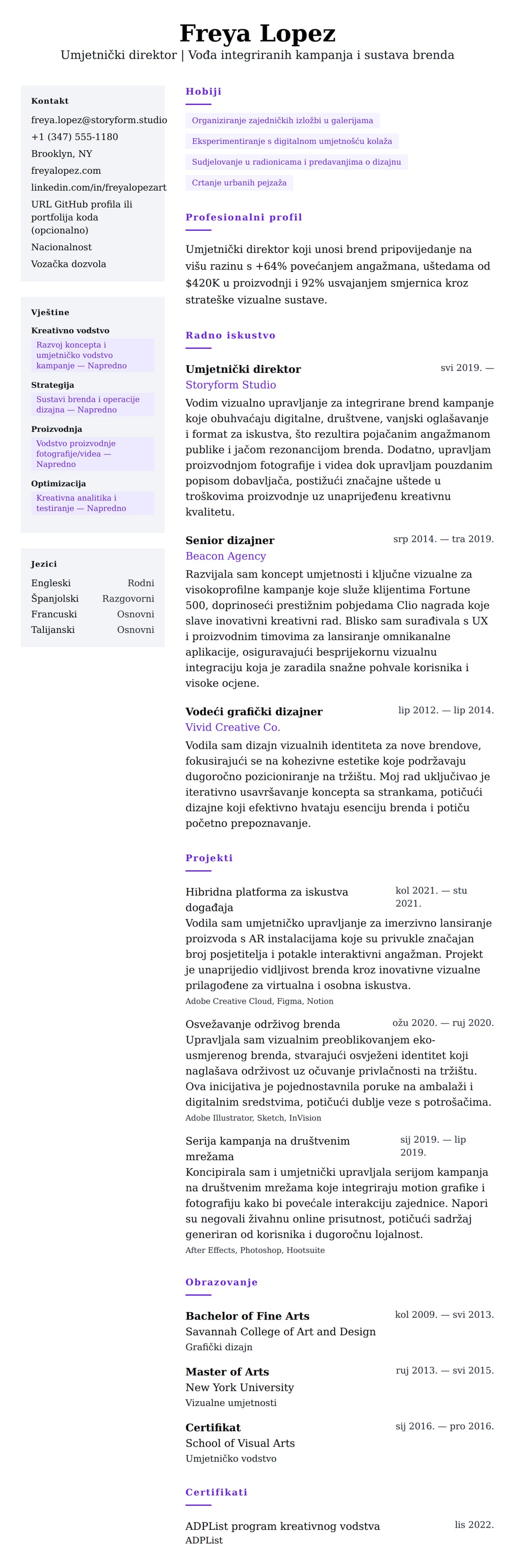 Pregled životopisa za Primjer životopisa umjetničkog direktora