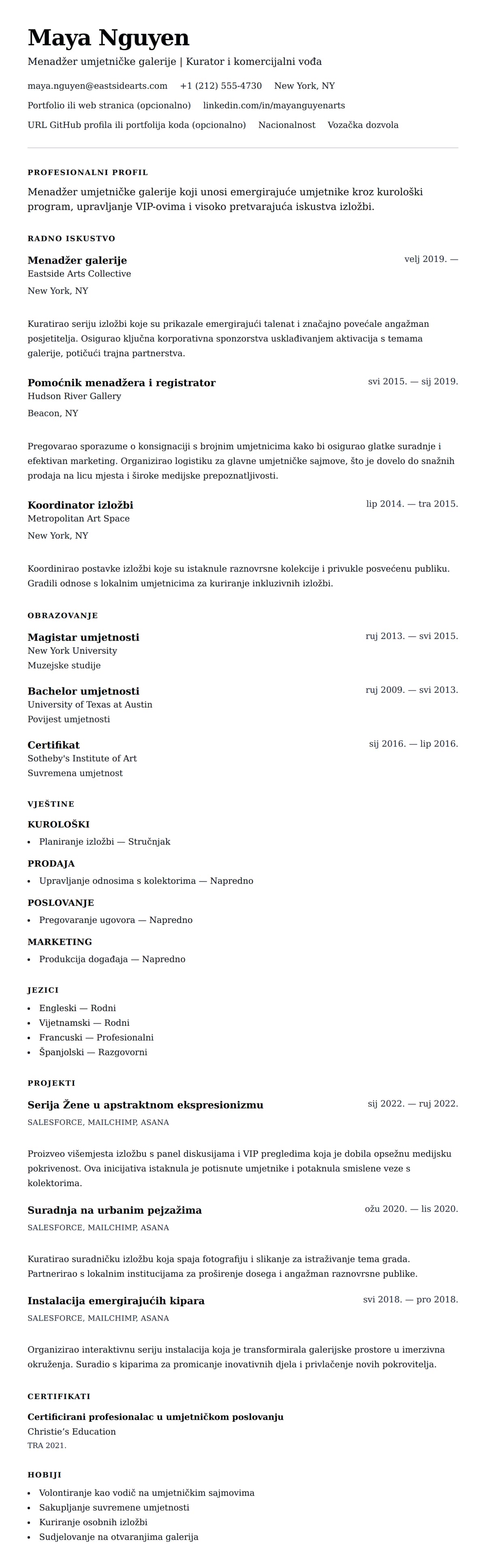 Pregled životopisa za Primjer životopisa za menadžera umjetničke galerije