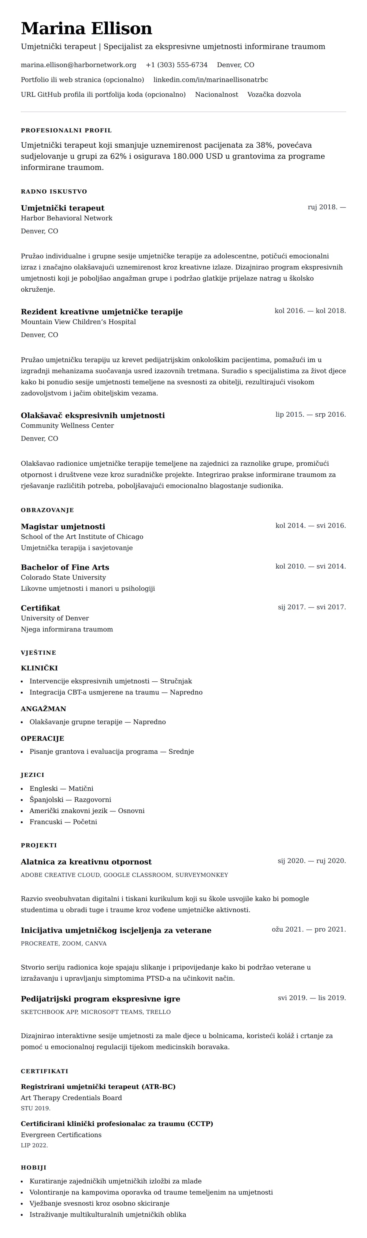 Pregled životopisa za Primjer životopisa umjetničkog terapeuta