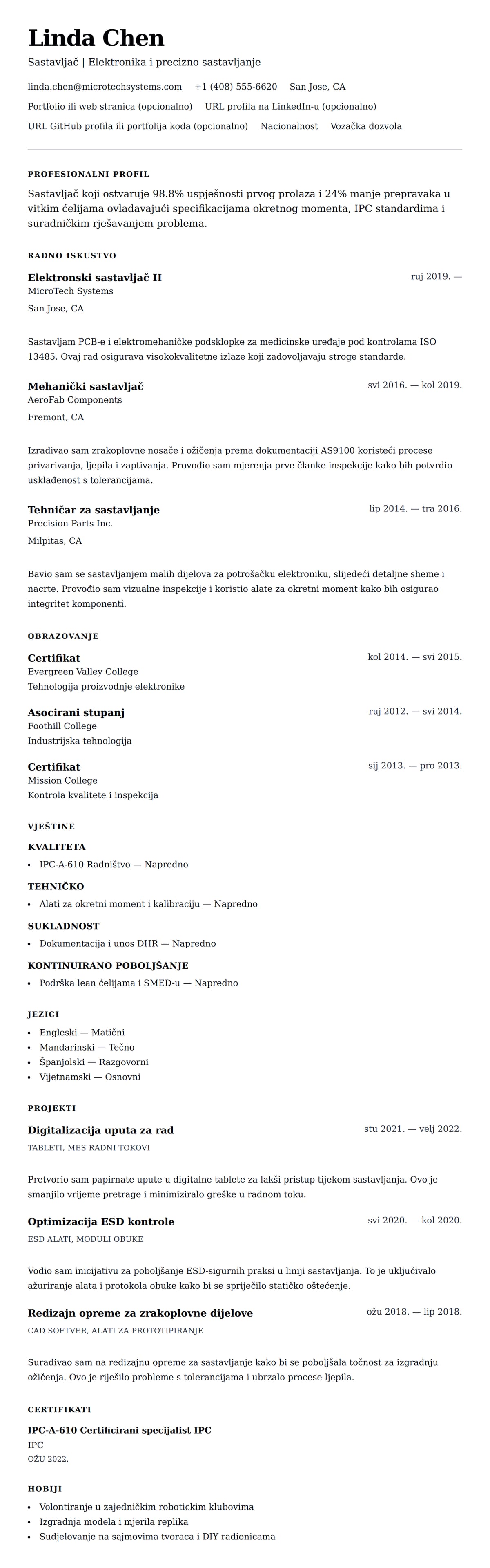 Pregled životopisa za Primjer životopisa sastavljača