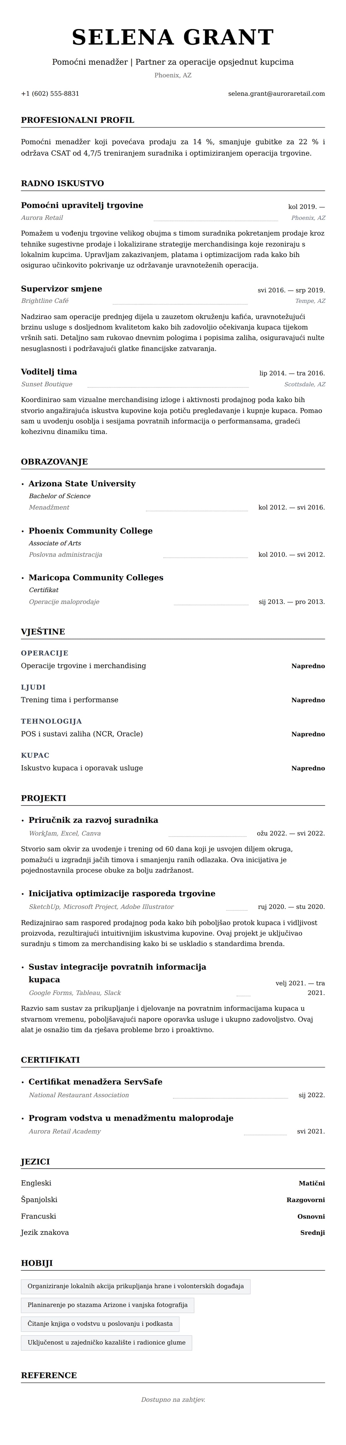 Pregled životopisa za Primjer životopisa pomoćnog menadžera