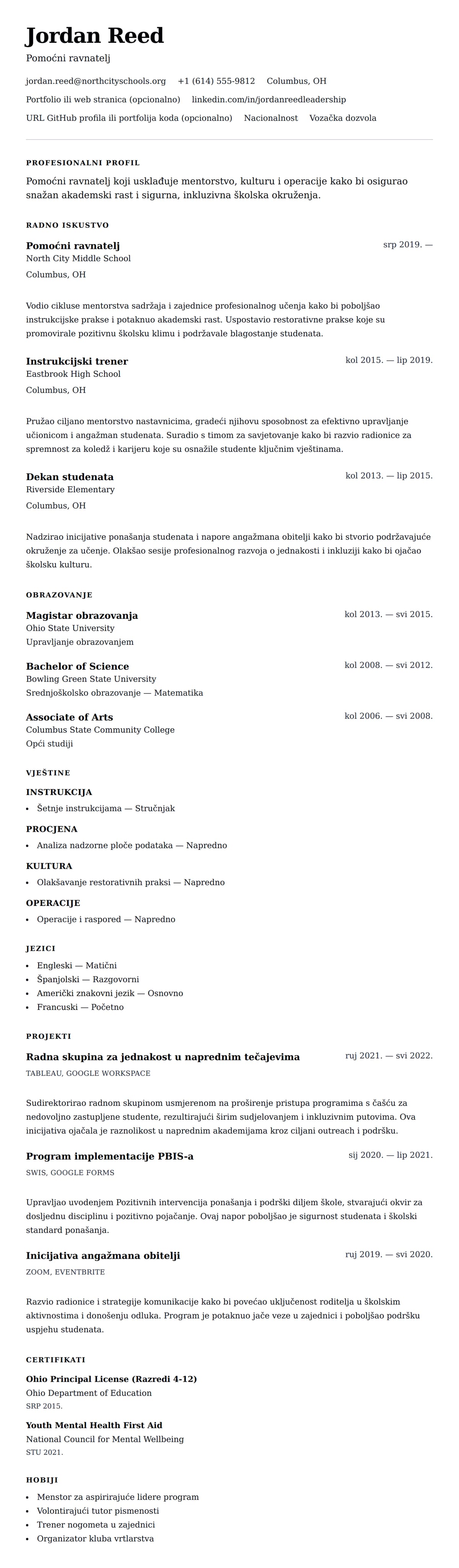 Pregled životopisa za Primjer životopisa za pomoćnog ravnatelja