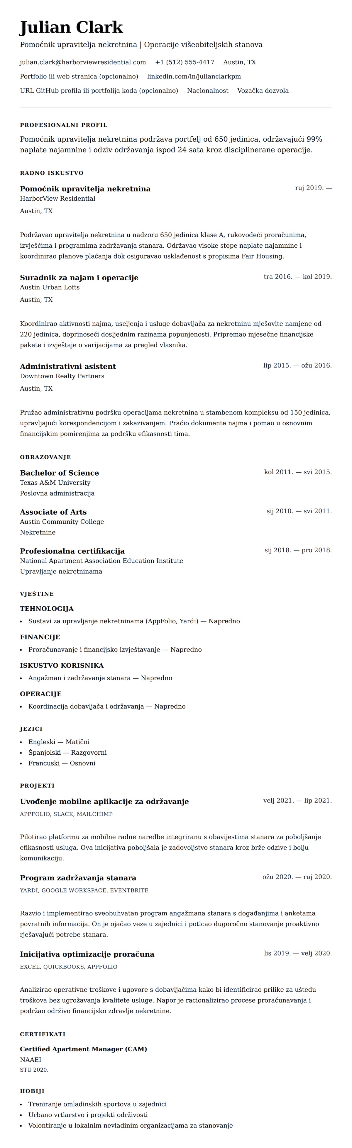 Pregled životopisa za Primjer životopisa za pomoćnika upravitelja nekretnina