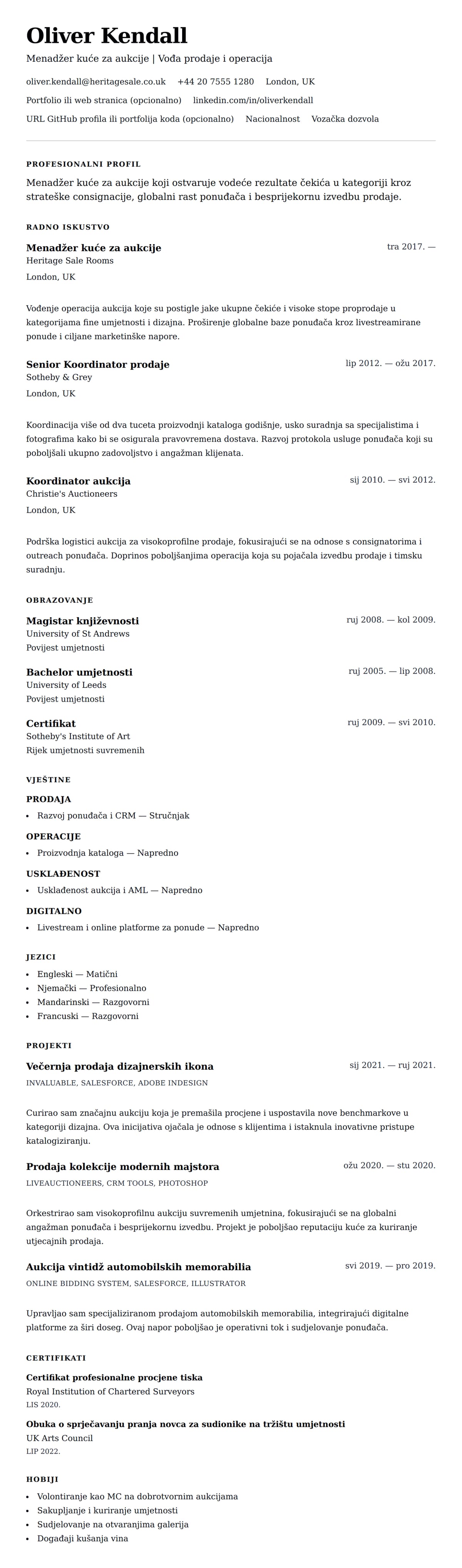 Pregled životopisa za Primjer CV-a za menadžera kuće za aukcije