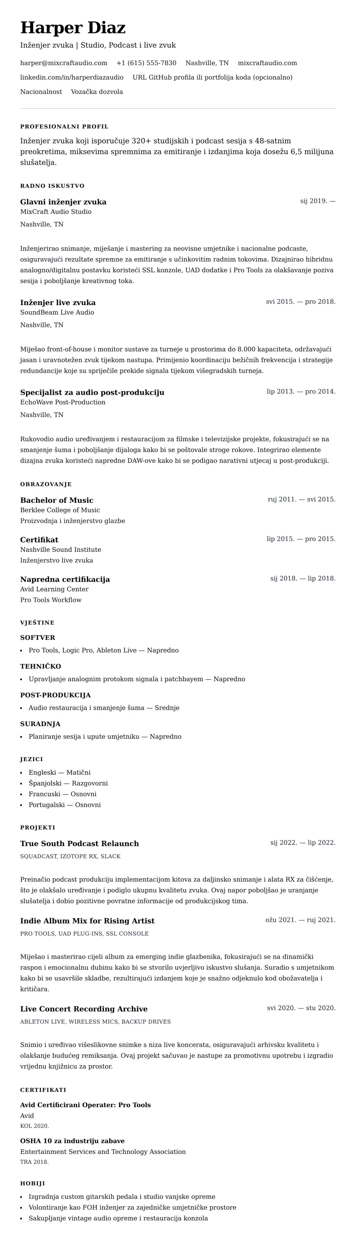 Pregled životopisa za Primjer životopisa inženjera zvuka