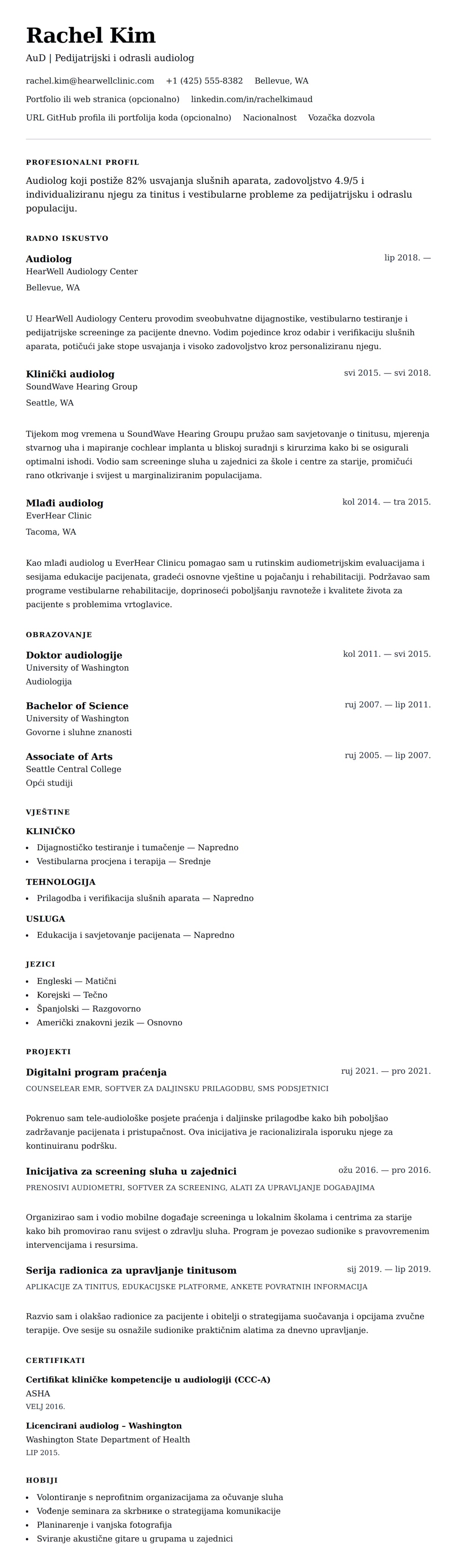 Pregled životopisa za Primjer životopisa za audiologa