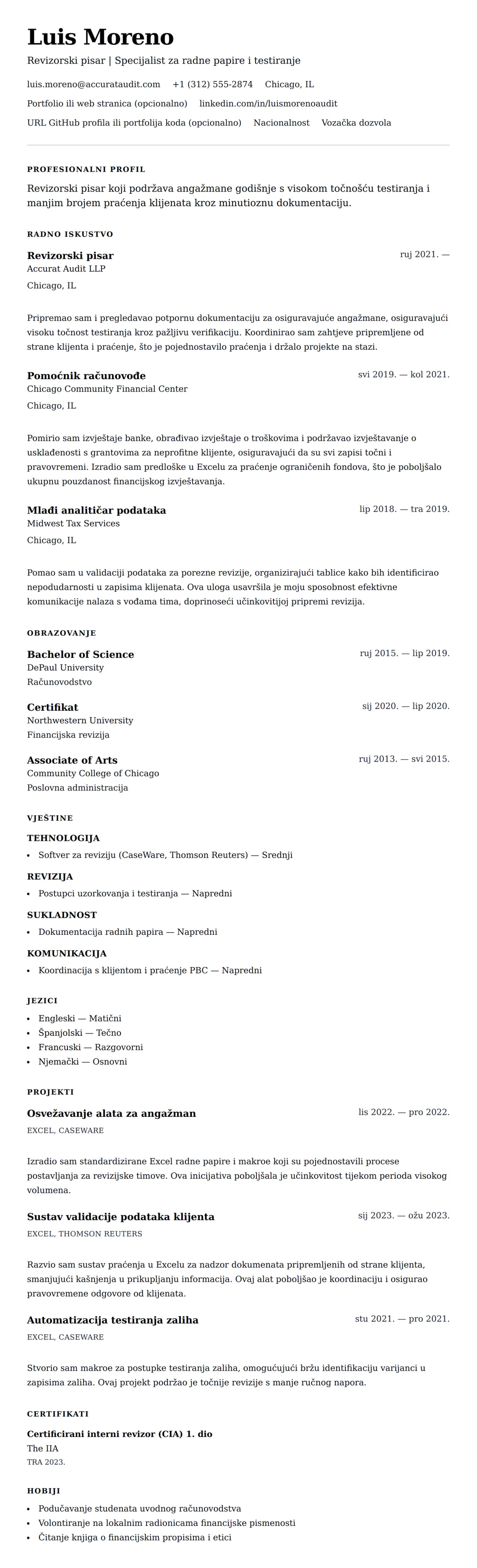 Pregled životopisa za Primjer životopisa revizorskog pisara