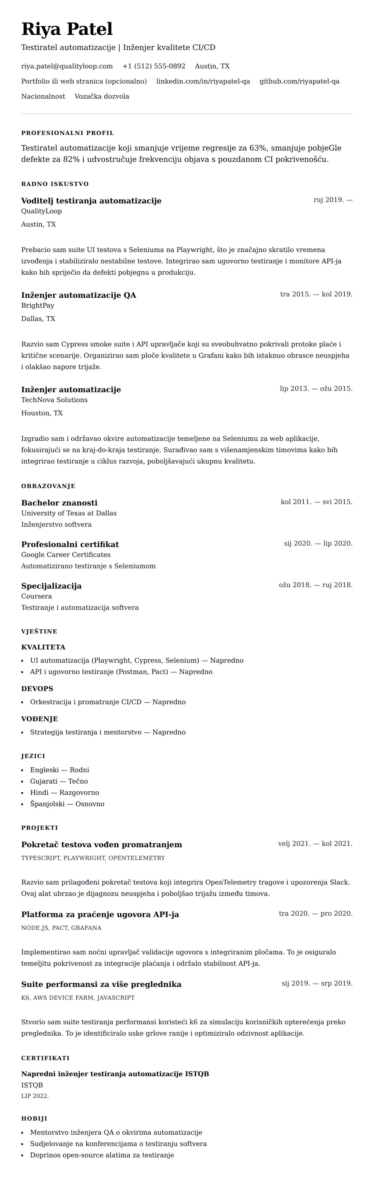 Pregled životopisa za Primjer životopisa za testiratelja automatizacije