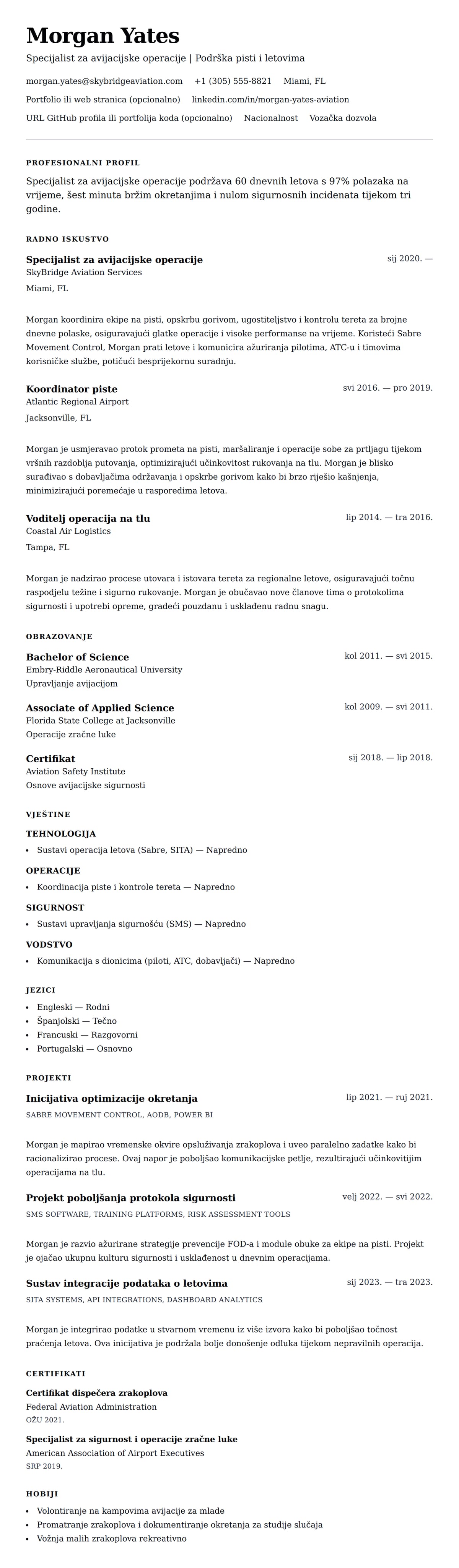 Pregled životopisa za Primjer životopisa specijalista za avijacijske operacije