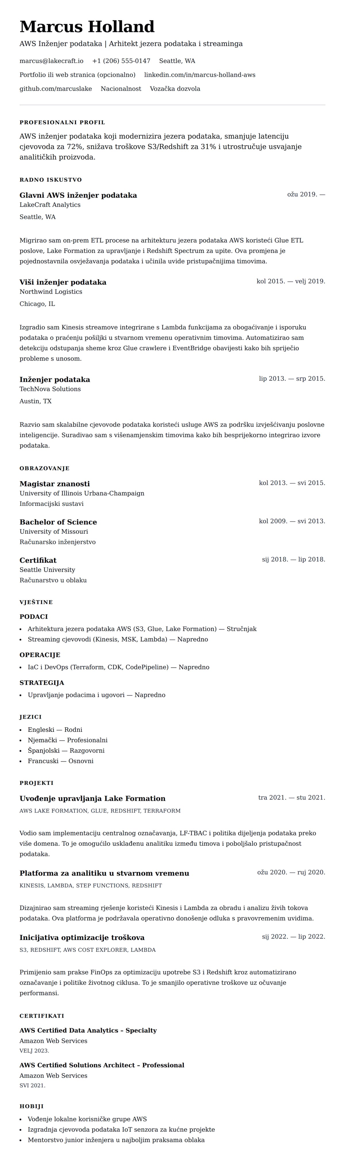 Pregled životopisa za Primjer životopisa za AWS inženjera podataka