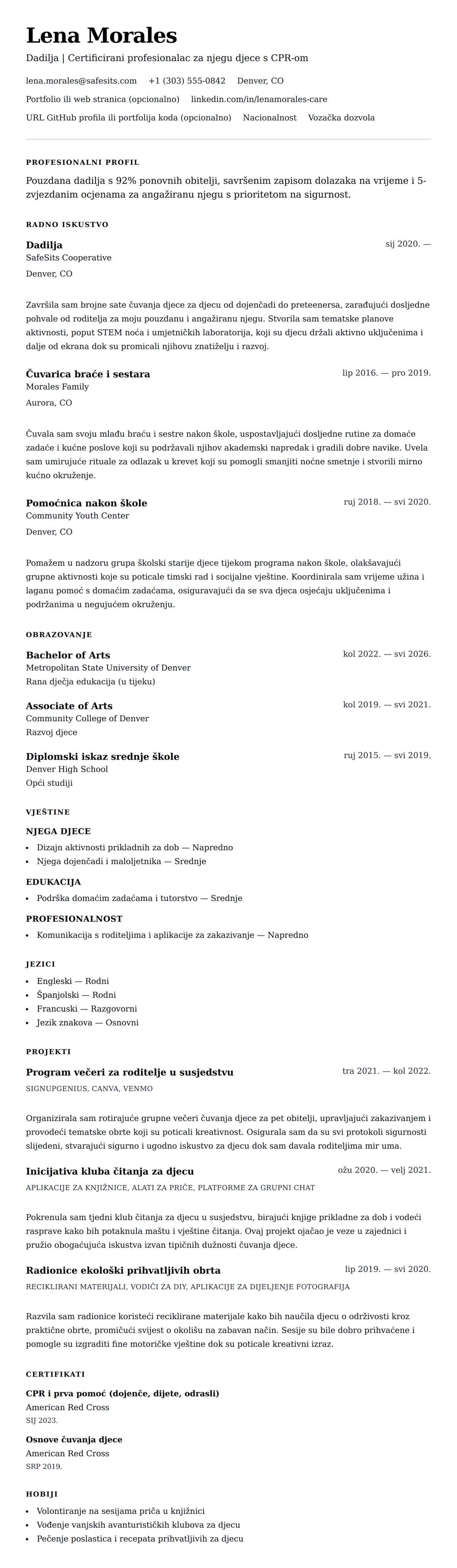 Pregled životopisa za Primjer životopisa za dadilju