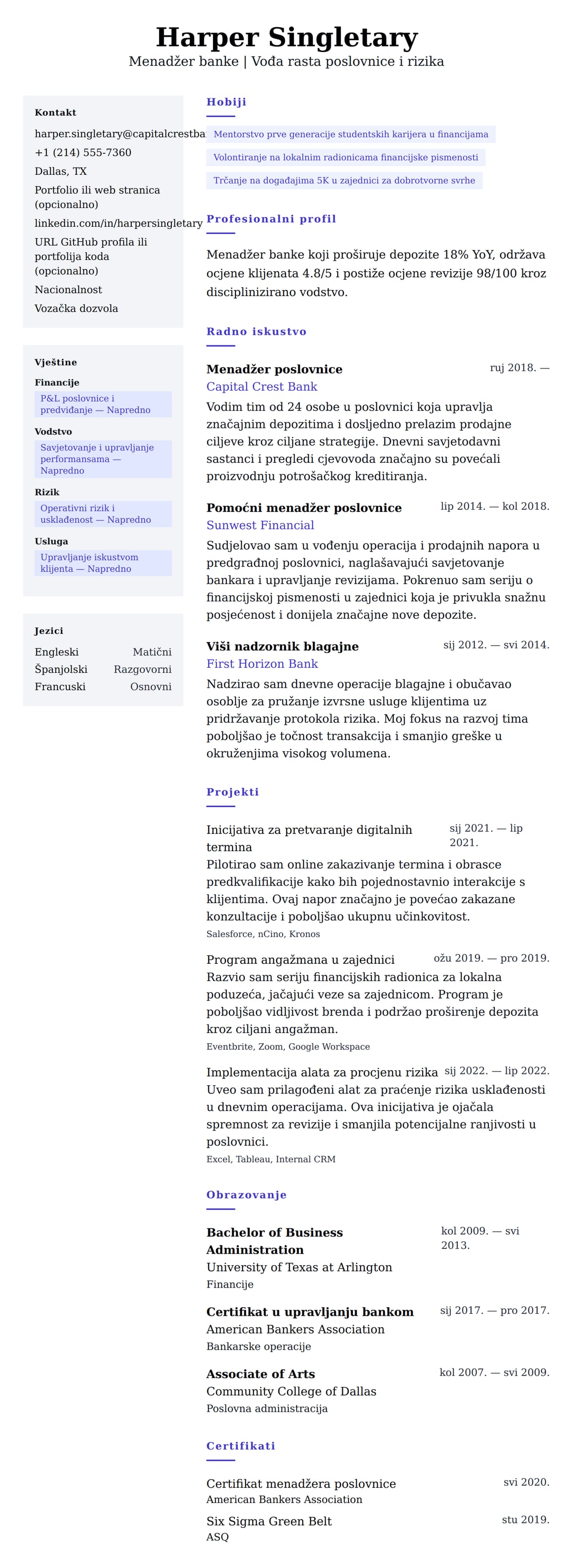 Pregled životopisa za Primjer životopisa menadžera banke