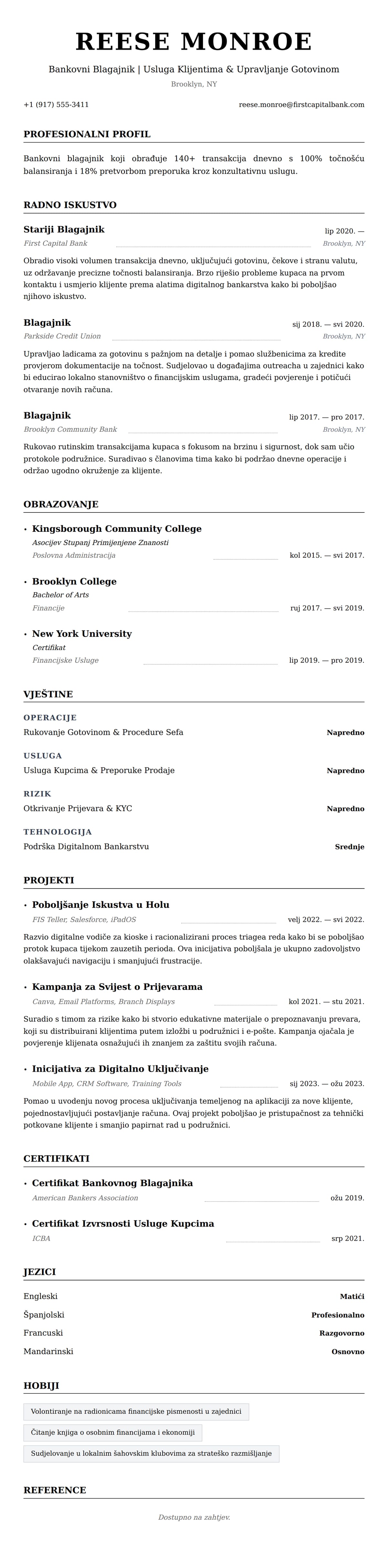 Pregled životopisa za Primjer Životopisa za Bankovnog Blagajnika