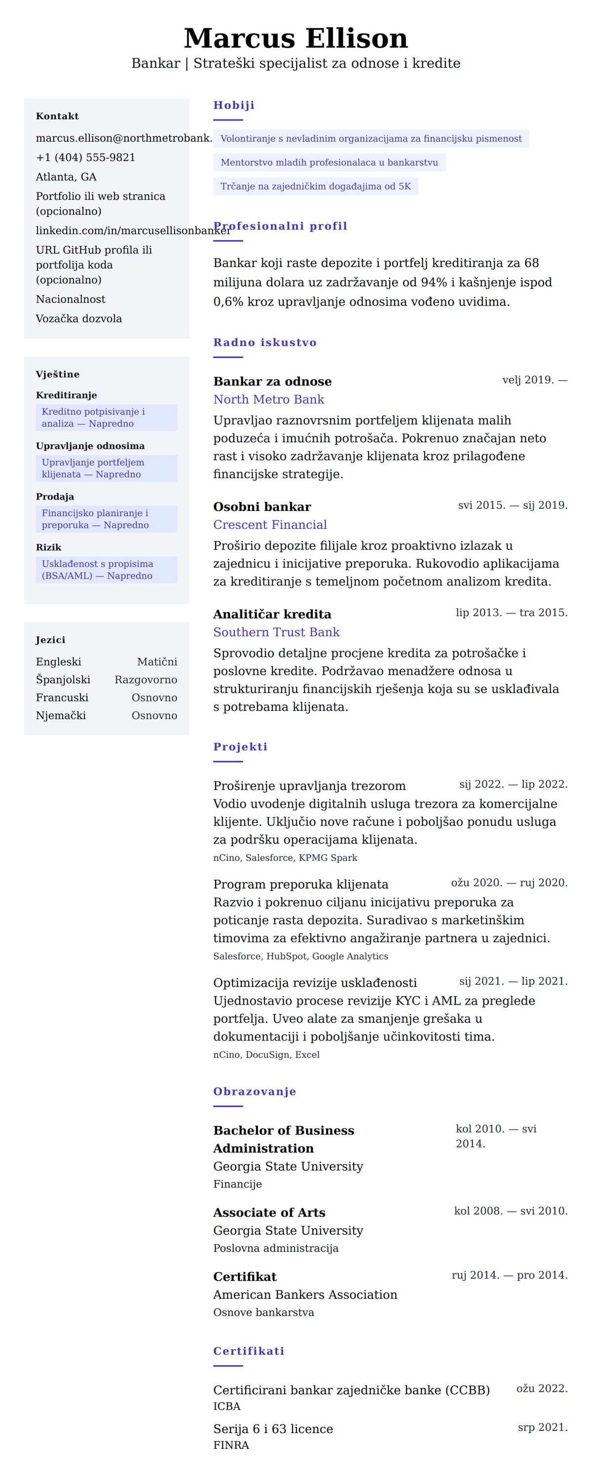 Pregled životopisa za Primjer životopisa bankara