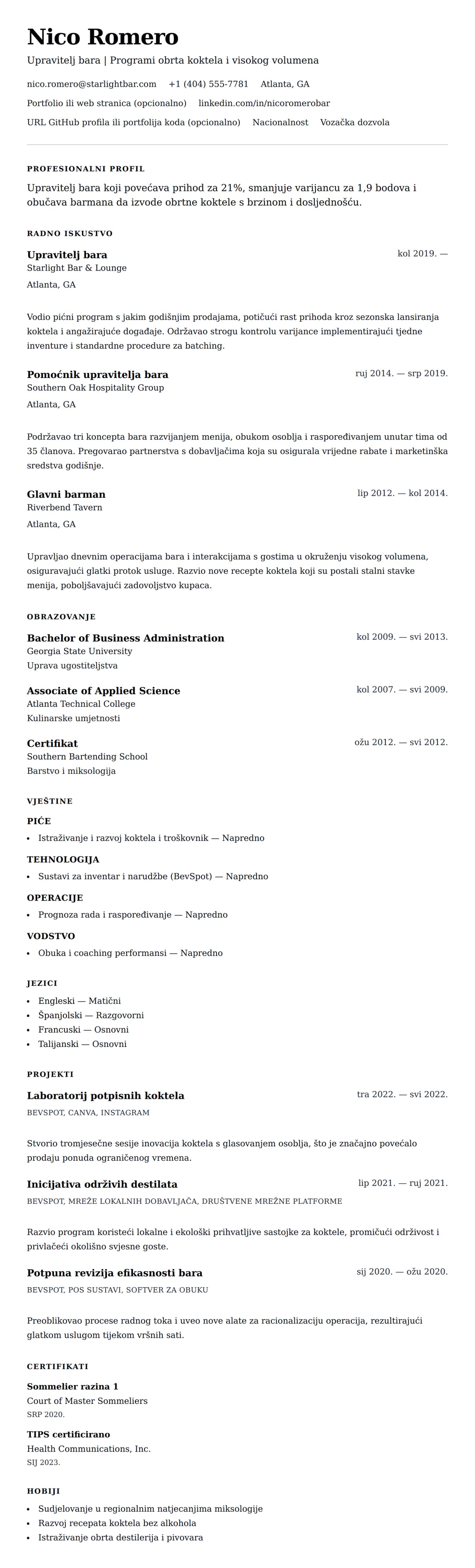 Pregled životopisa za Primjer životopisa upravitelja bara