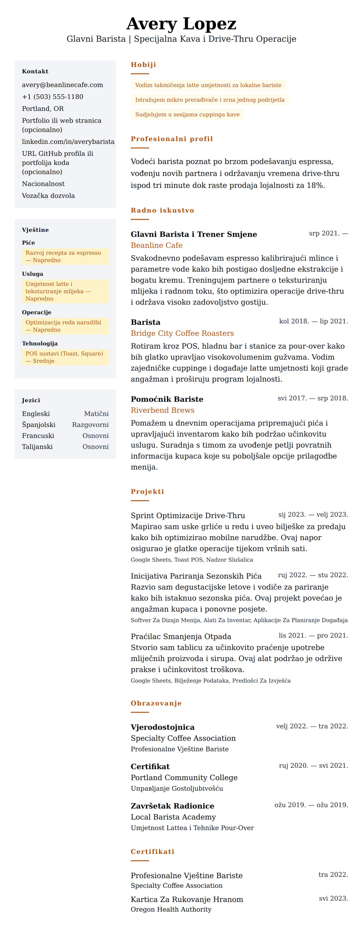 Pregled životopisa za Primjer Životopisa Bariste