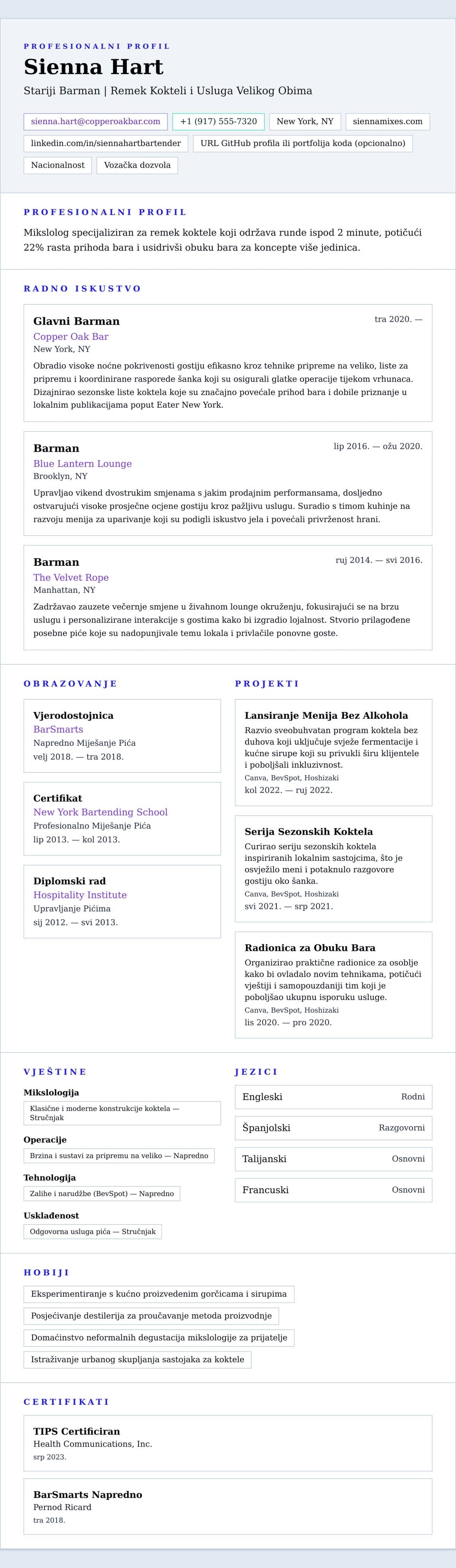 Pregled životopisa za Primjer Životopisa za Barmena