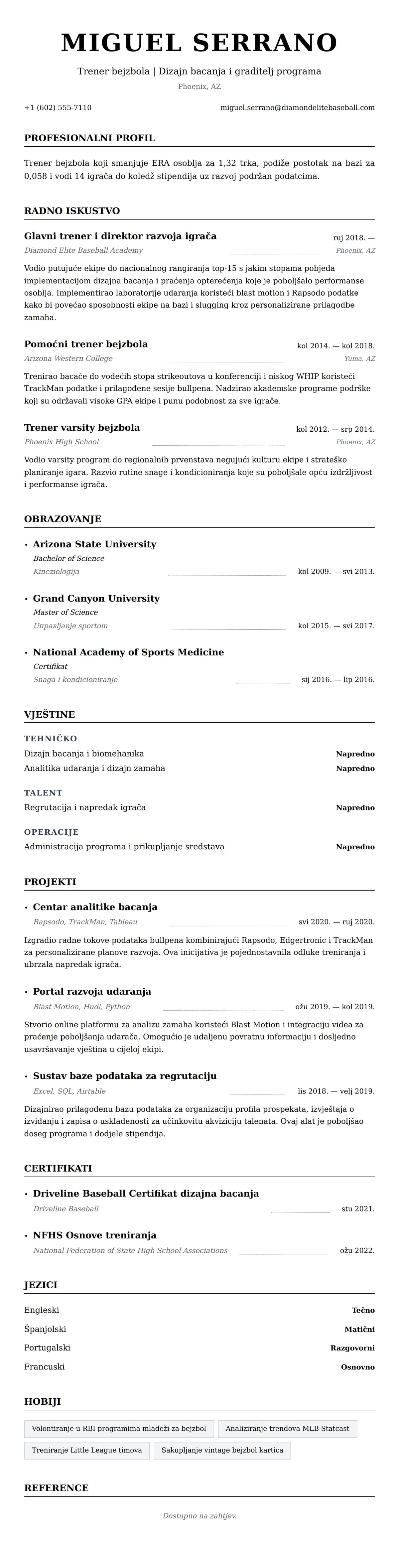 Pregled životopisa za Primjer životopisa za trenera bejzbola