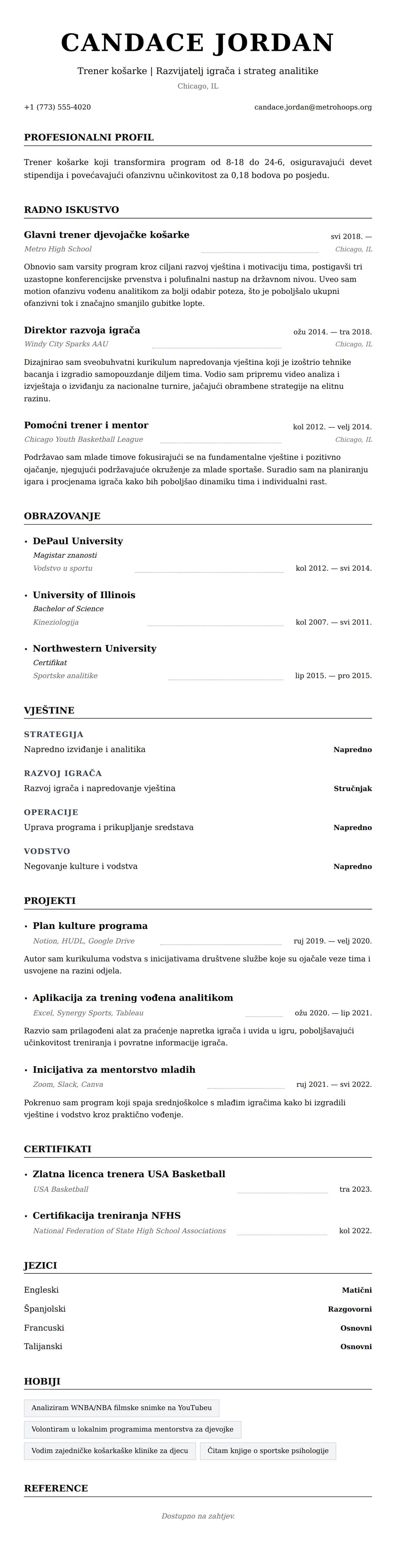 Pregled životopisa za Primjer životopisa za trenera košarke