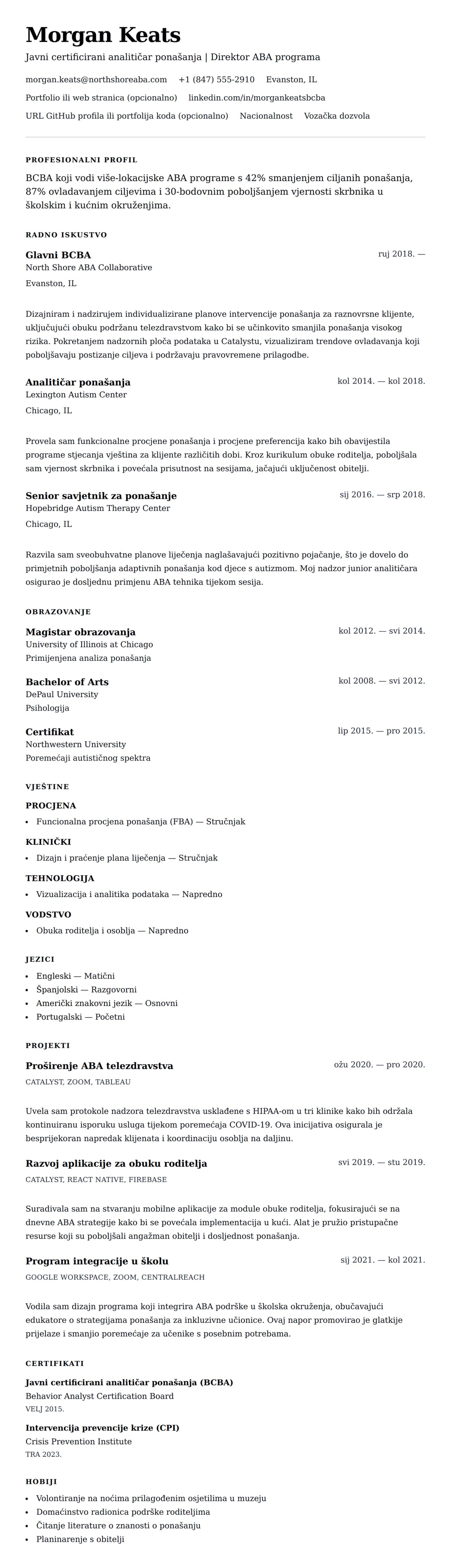 Pregled životopisa za Primjer životopisa za javnog certificiranog analitičara ponašanja (BCBA)