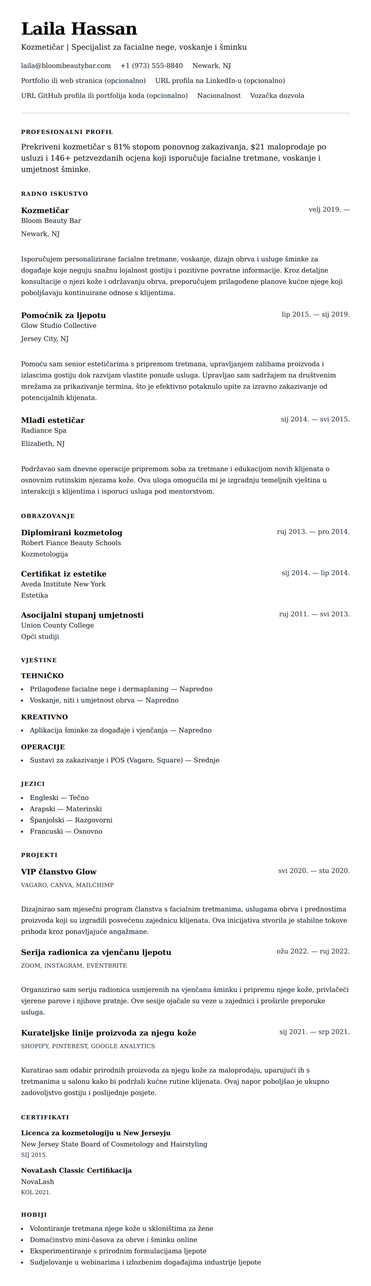 Pregled životopisa za Primjer životopisa kozmetičara