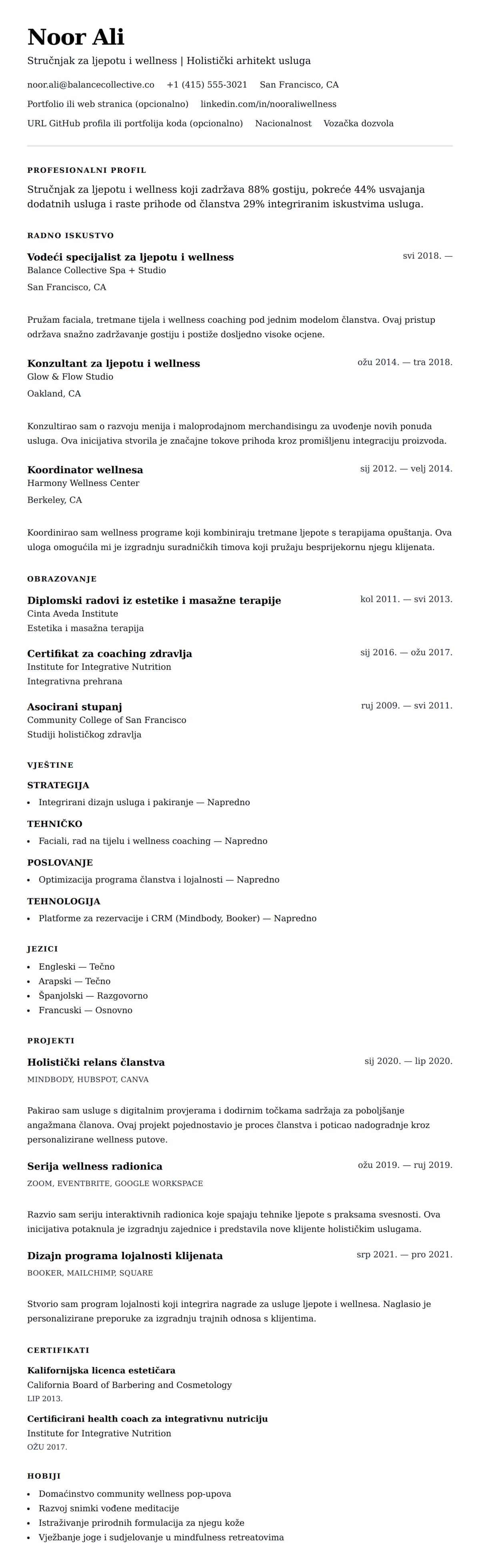 Pregled životopisa za Primjer rezimea stručnjaka za ljepotu i wellness