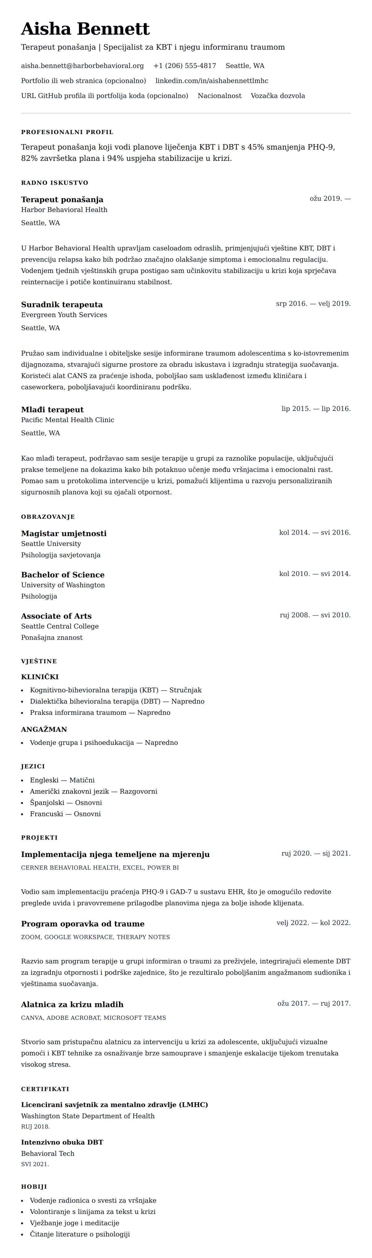 Pregled životopisa za Primjer životopisa terapeuta ponašanja