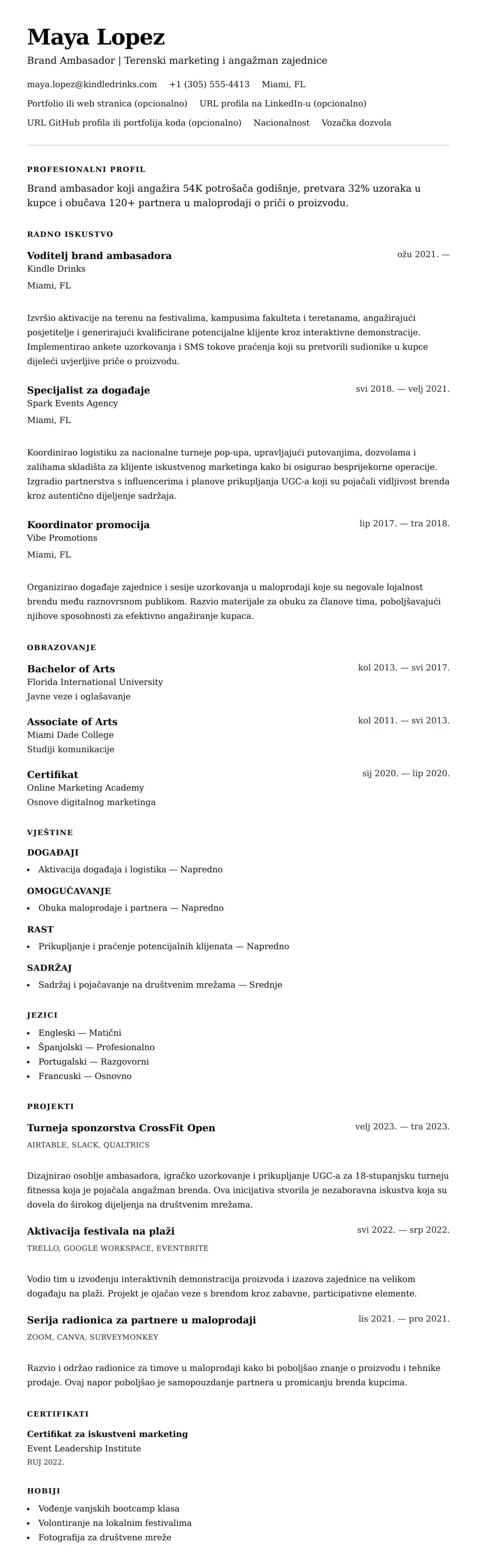 Pregled životopisa za Primjer životopisa za brand ambasadora