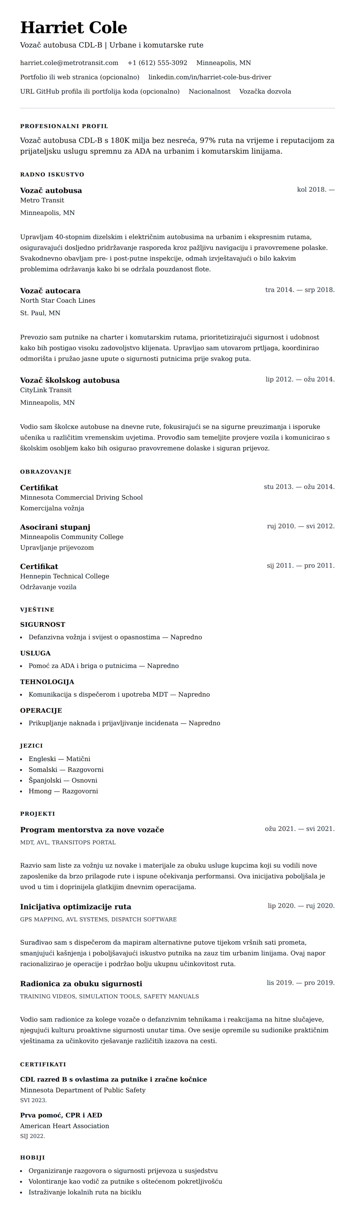 Pregled životopisa za Primjer životopisa vozača autobusa