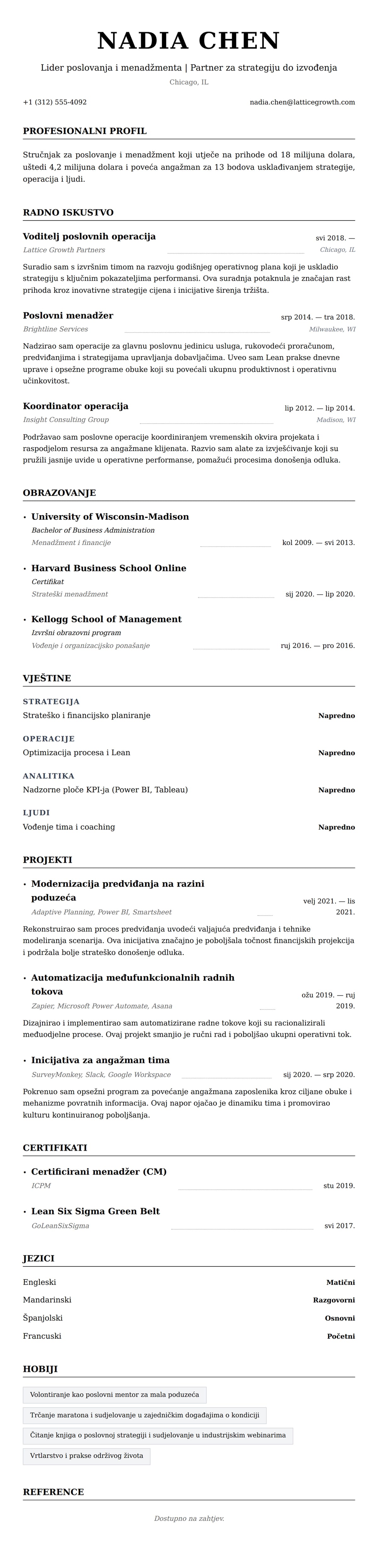 Pregled životopisa za Primjer rezimea za stručnjaka za poslovanje i menadžment