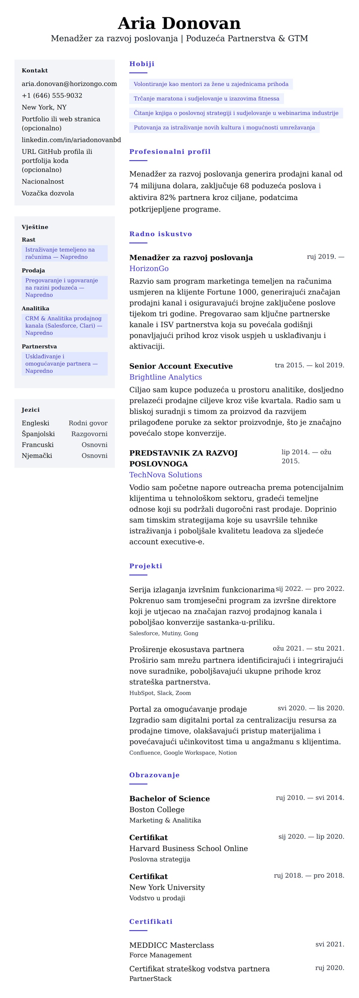 Pregled životopisa za Primjer životopisa Menadžera za razvoj poslovanja