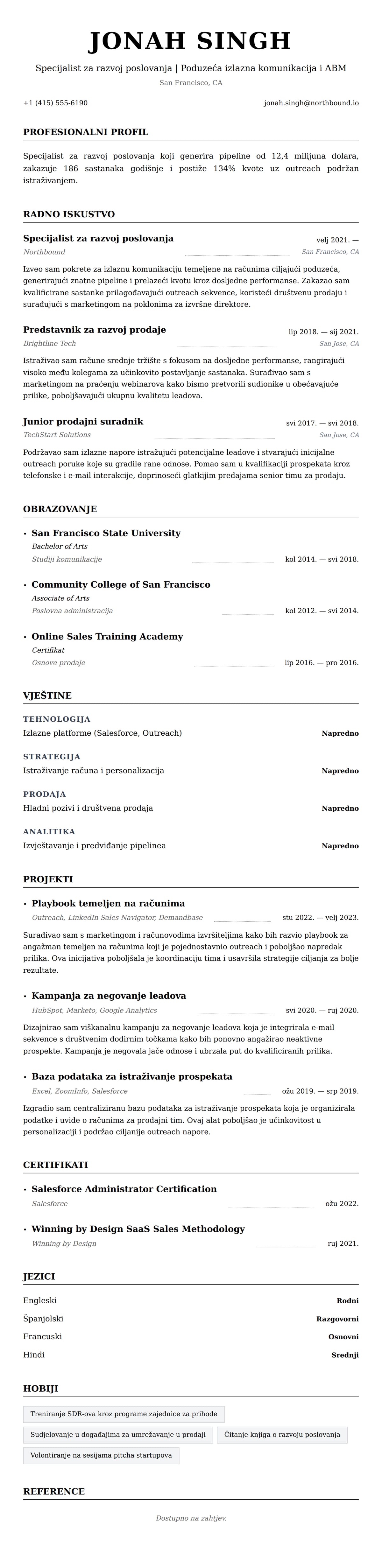Pregled životopisa za Primjer rezimea specijalista za razvoj poslovanja