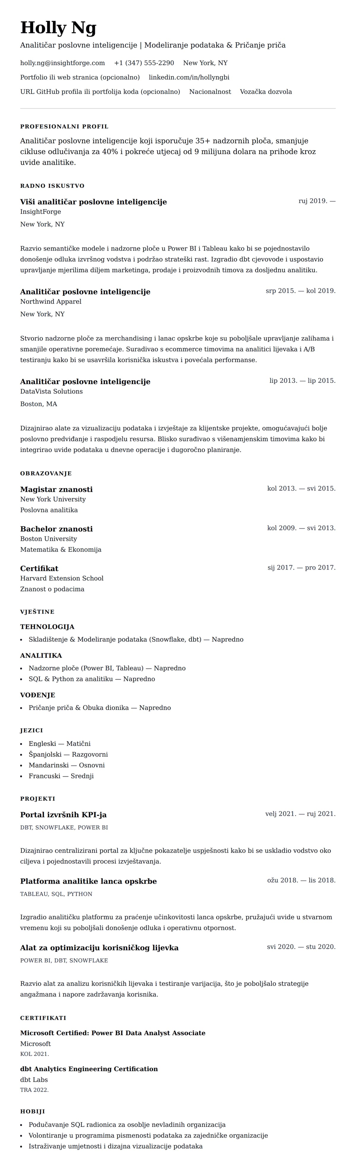 Pregled životopisa za Primjer životopisa analitičara poslovne inteligencije