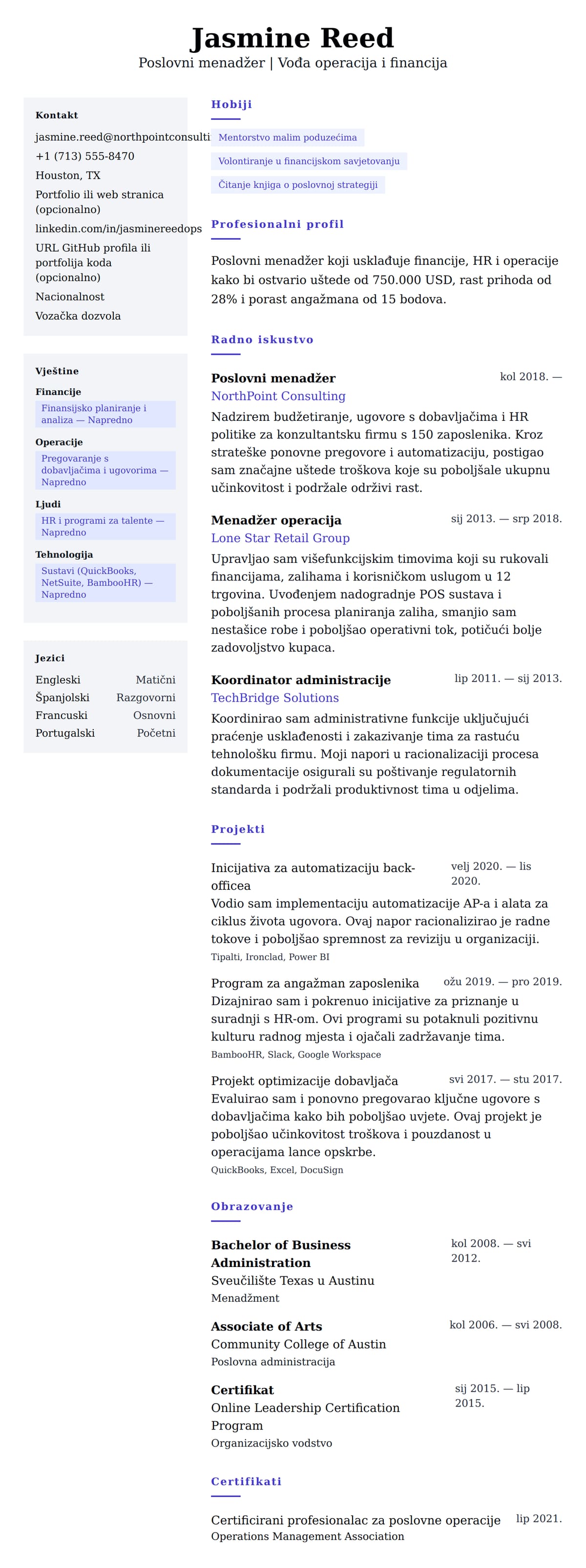 Pregled životopisa za Primjer životopisa poslovnog menadžera