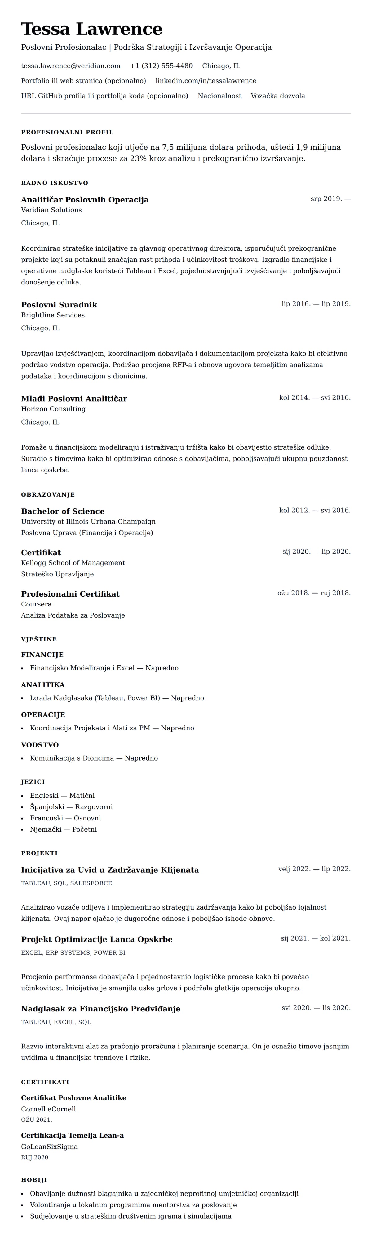 Pregled životopisa za Primjer Životopisa Poslovnog Profesionalca