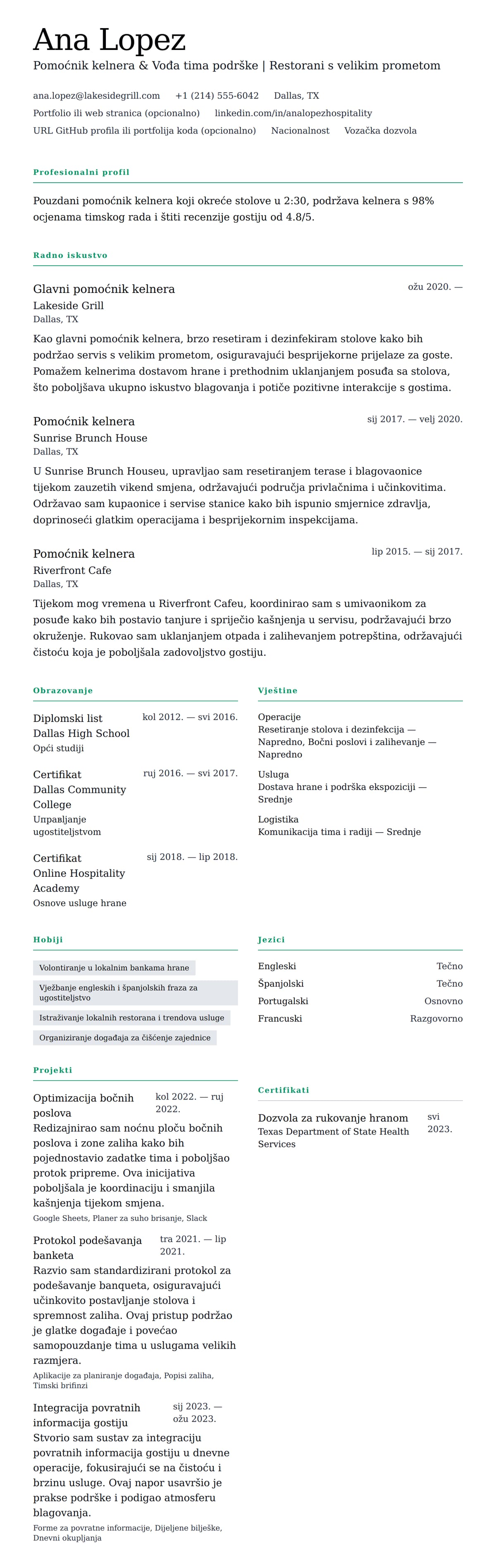 Pregled životopisa za Primjer CV-a za pomoćnika kelnera