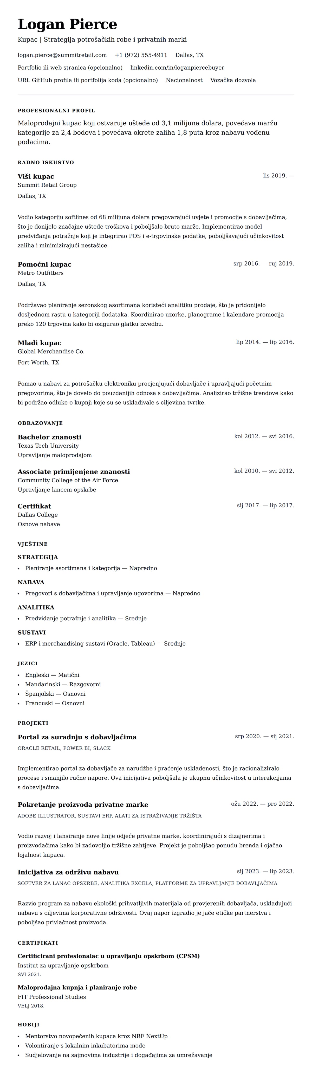 Pregled životopisa za Primjer životopisa za kupca