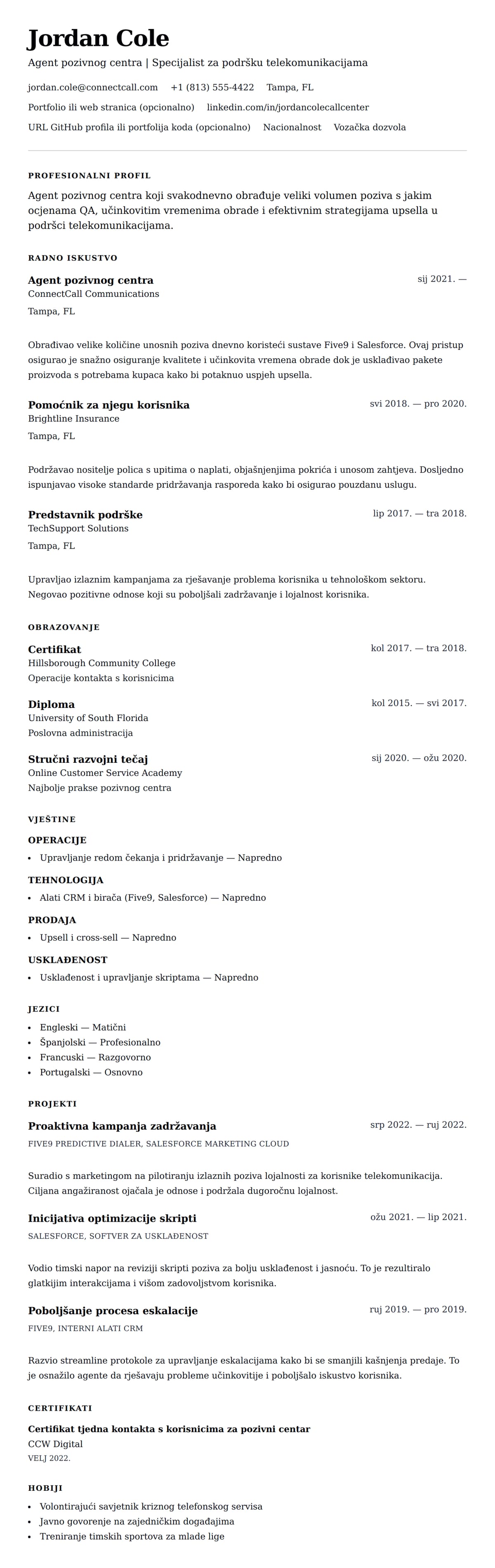 Primjer životopisa agenta pozivnog centra