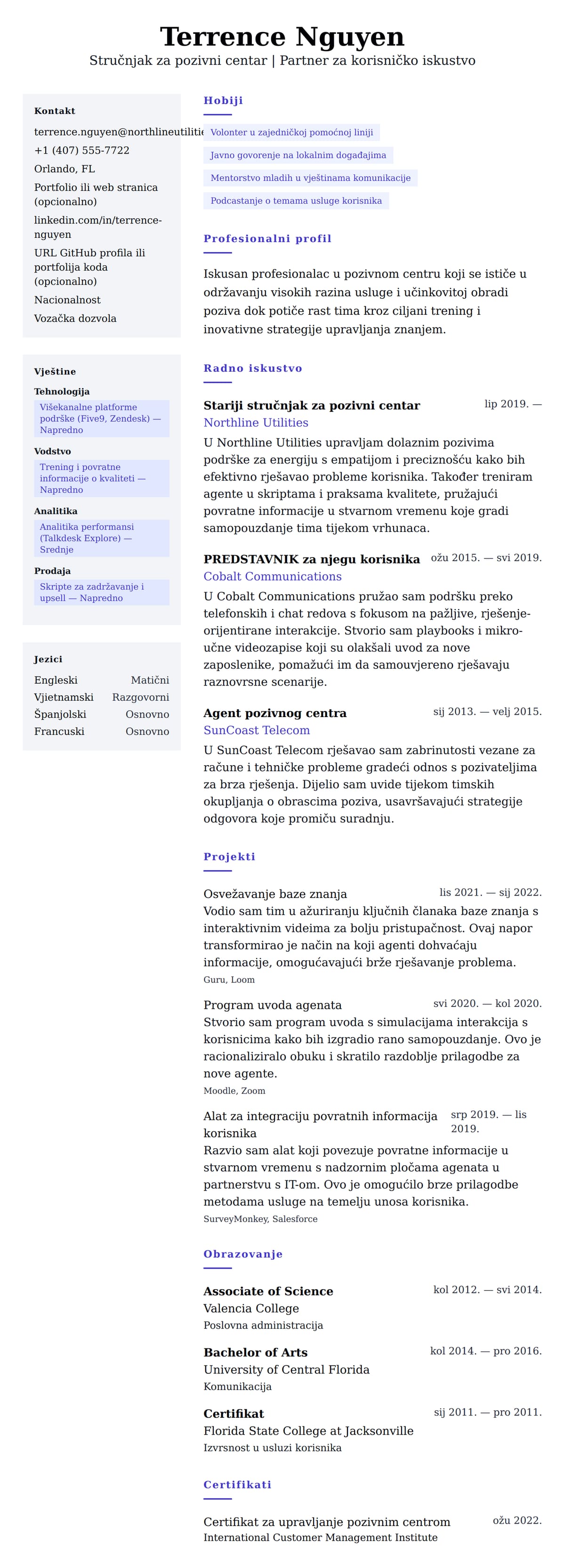 Primjer životopisa profesionalca u pozivnom centru