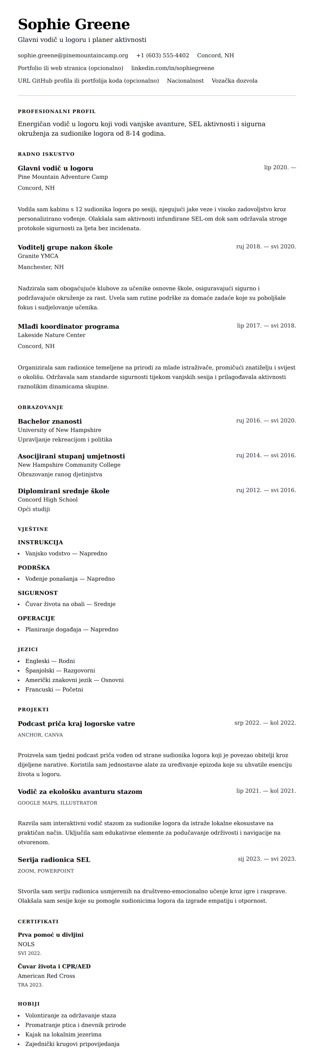 Pregled životopisa za Primjer životopisa vodiča u logoru