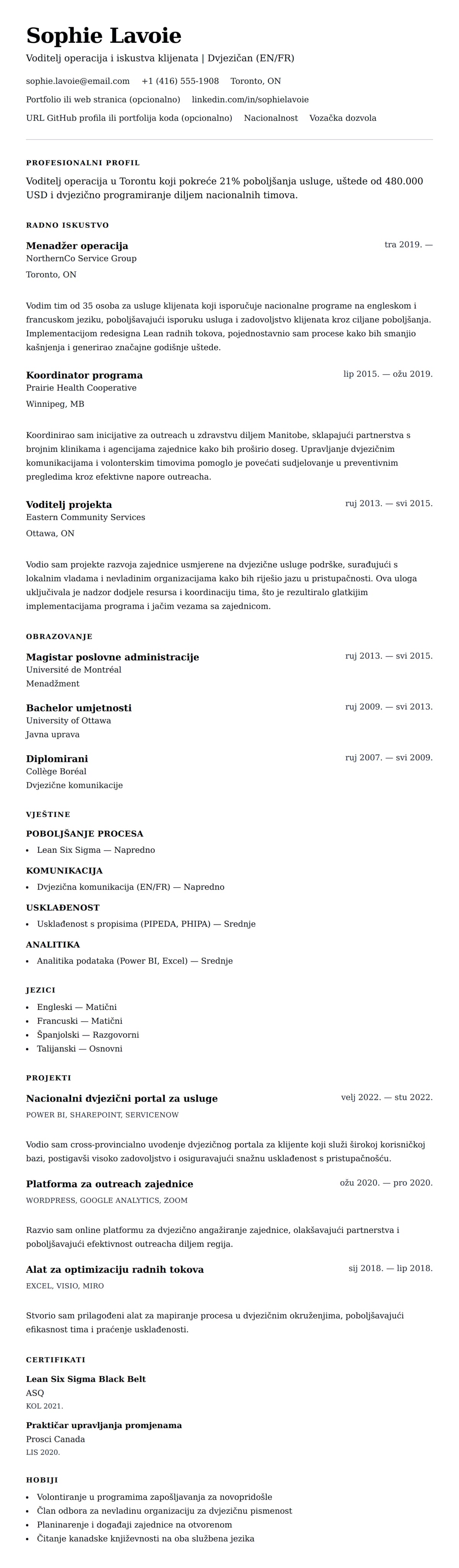 Pregled životopisa za Primjer kanadskog formata životopisa