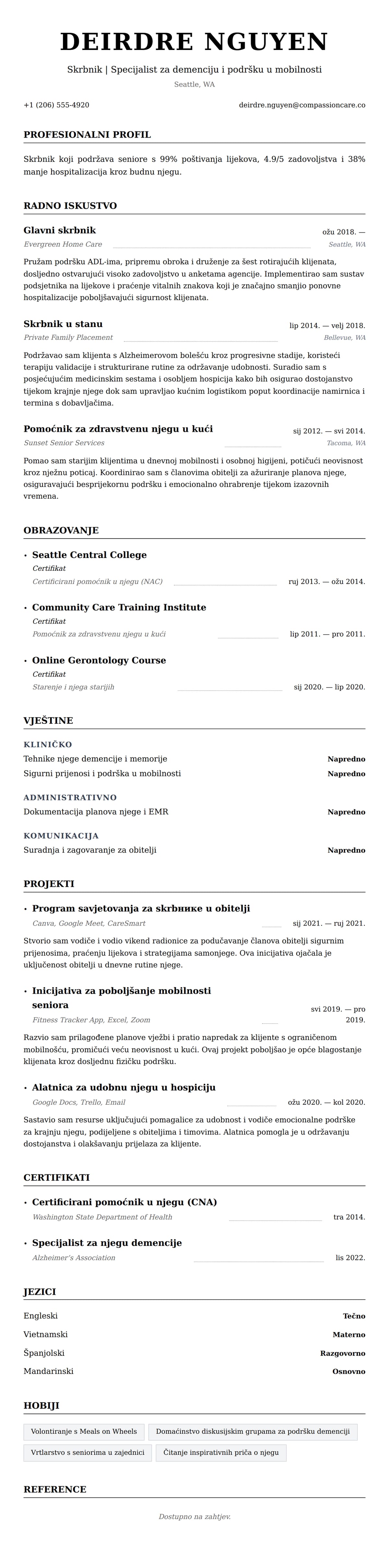 Pregled životopisa za Primjer životopisa za skrbnik