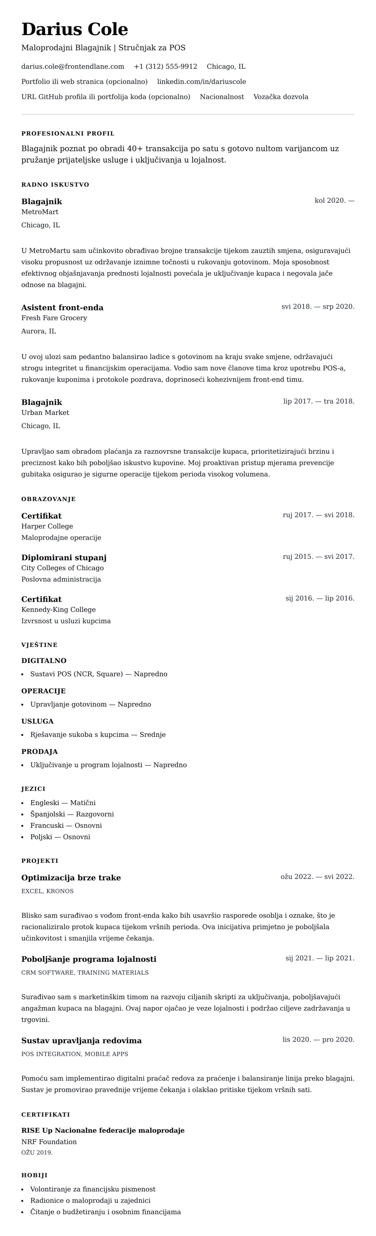 Pregled životopisa za Primjer Životopisa Blagajnika