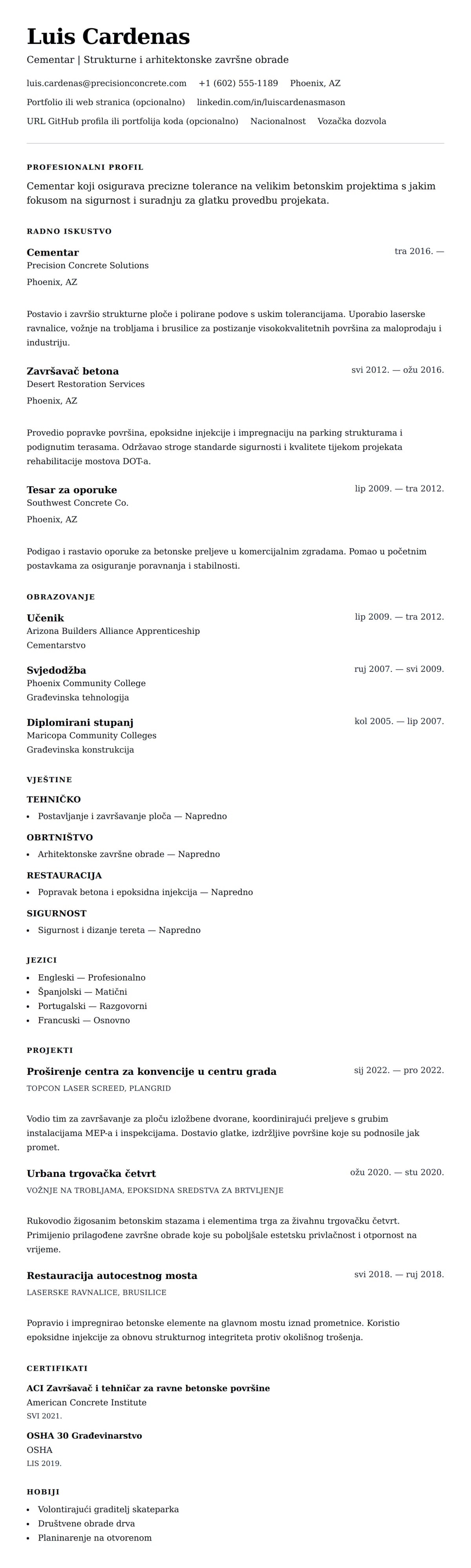 Pregled životopisa za Primjer životopisa cementara