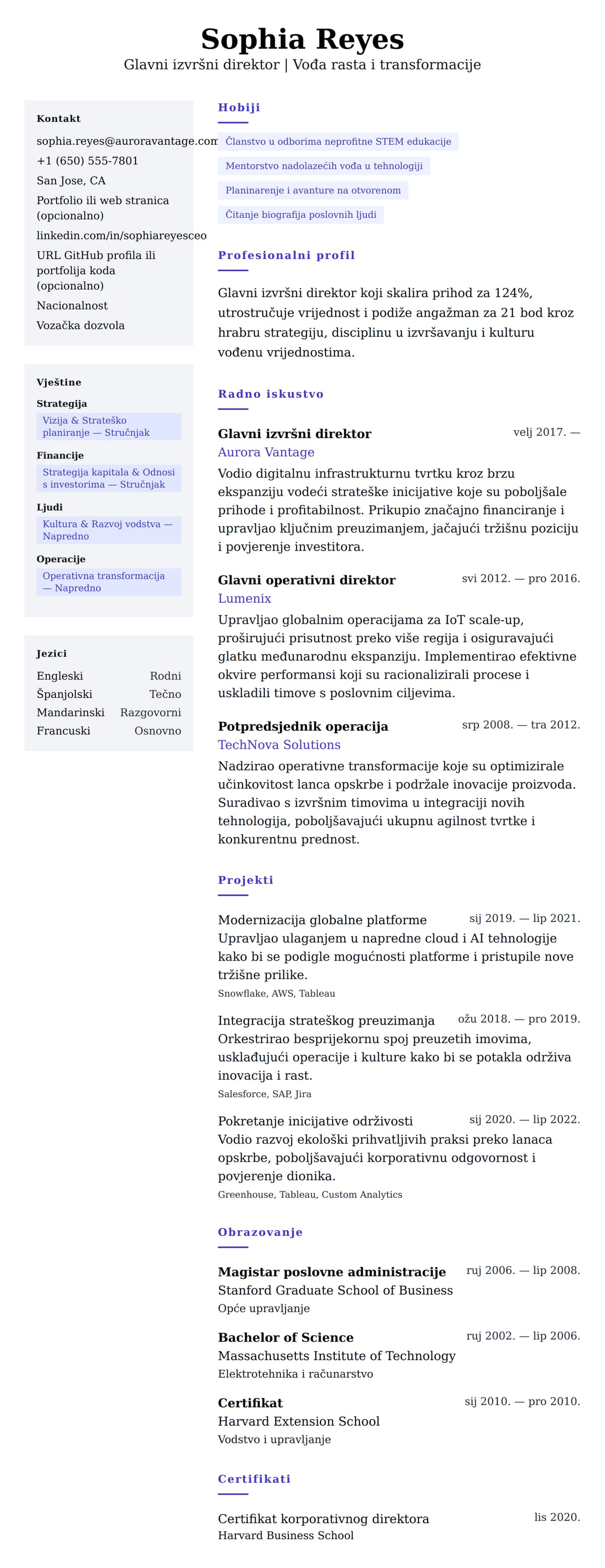 Pregled životopisa za Primjer životopisa glavnog izvršnog direktora