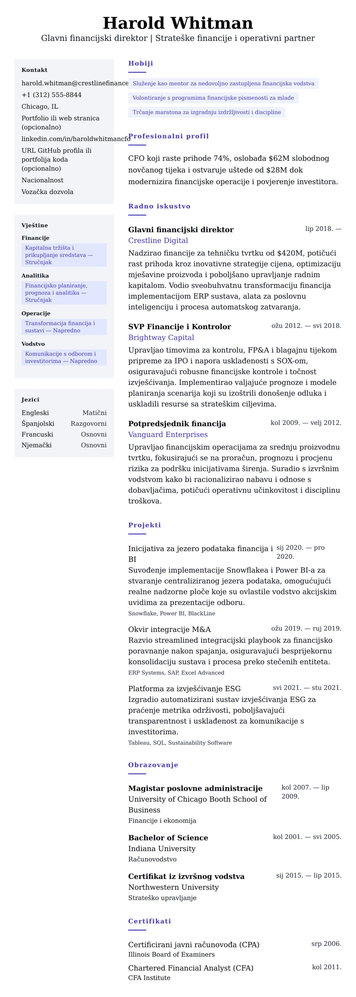 Pregled životopisa za Primjer životopisa Glavnog financijskog direktora