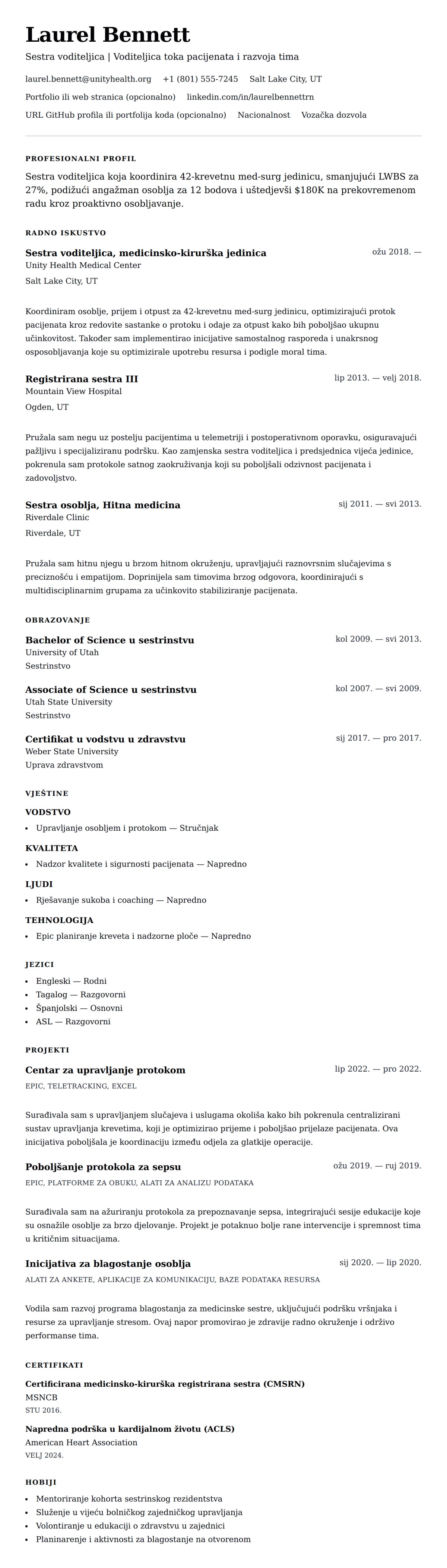 Pregled životopisa za Primjer životopisa sestre voditeljice